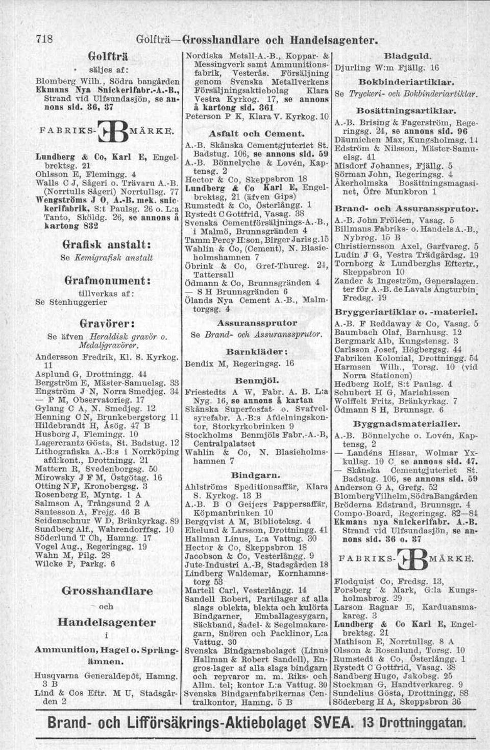 77 Lnndberg & Co Karl E, Engelbrektsg, 21 (äfven Gips) Wengströms J O, Å. B. mek, snlekerlfabrlk. Sot Panlsg. 26 o. L:a Tanto, Sköldg. 26, se annons r.