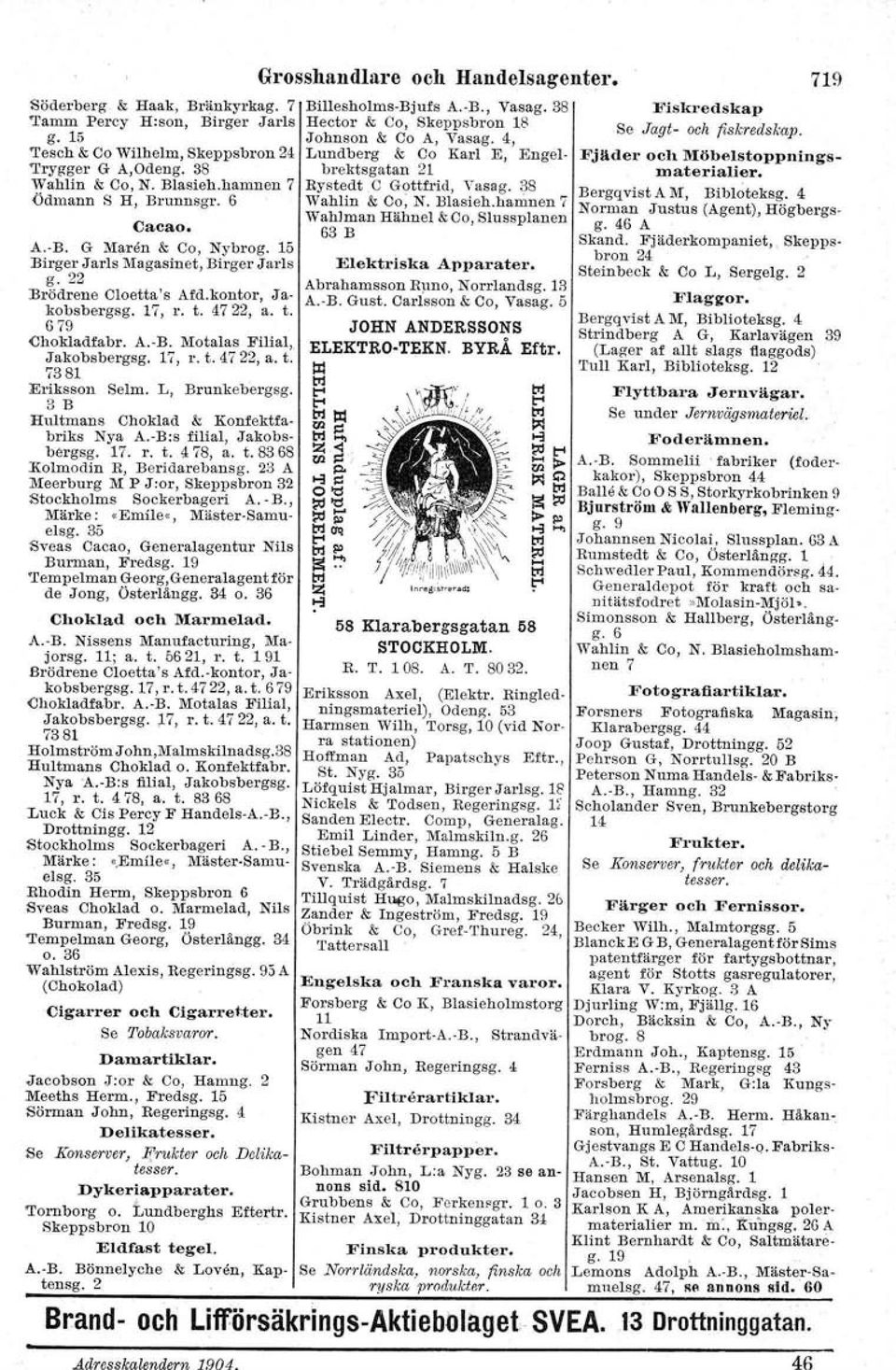 A.-B. Motalas Filial, Jakobsbergsg. 17, r. t. 4722, a. t. 7381 Eriksson Selm. L, Brunkehergsg. 3 B Hultmans Choklad & Konfektfabriks Nya A.-B:s filial, Jakobsbergsg. 17. r. t. 478, a. t. 8368 Kolmodin H, Beridarebansg.