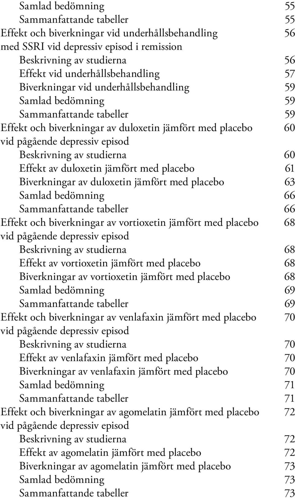 episod Beskrivning av studierna 60 Effekt av duloxetin jämfört med placebo 61 Biverkningar av duloxetin jämfört med placebo 63 Samlad bedömning 66 Sammanfattande tabeller 66 Effekt och biverkningar