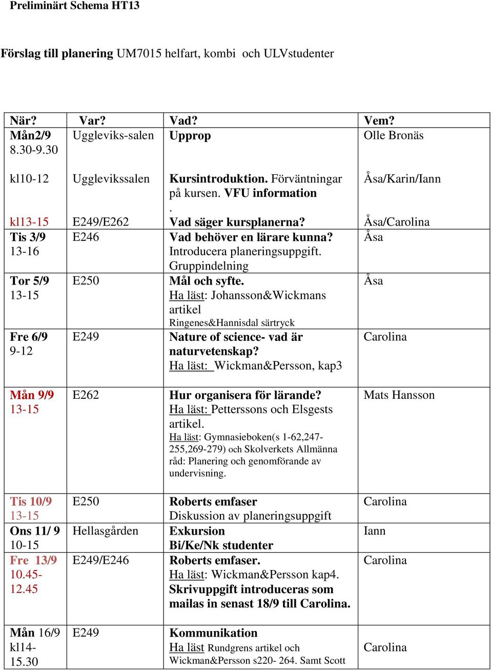 Vad behöver en lärare kunna? Introducera planeringsuppgift. Gruppindelning Mål och syfte. Ha läst: Johansson&Wickmans artikel Ringenes&Hannisdal särtryck Nature of science- vad är naturvetenskap?