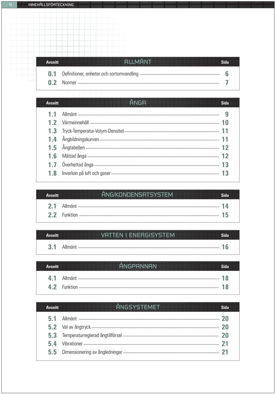 8 Inverkan på luft och gaser 13 Sida Avsnitt ÅNG/KONDENSATSYSTEM 2.1 Allmänt 14 2.2 Funktion 15 Sida Avsnitt Avsnitt VATTEN I ENERGISYSTEM 3.