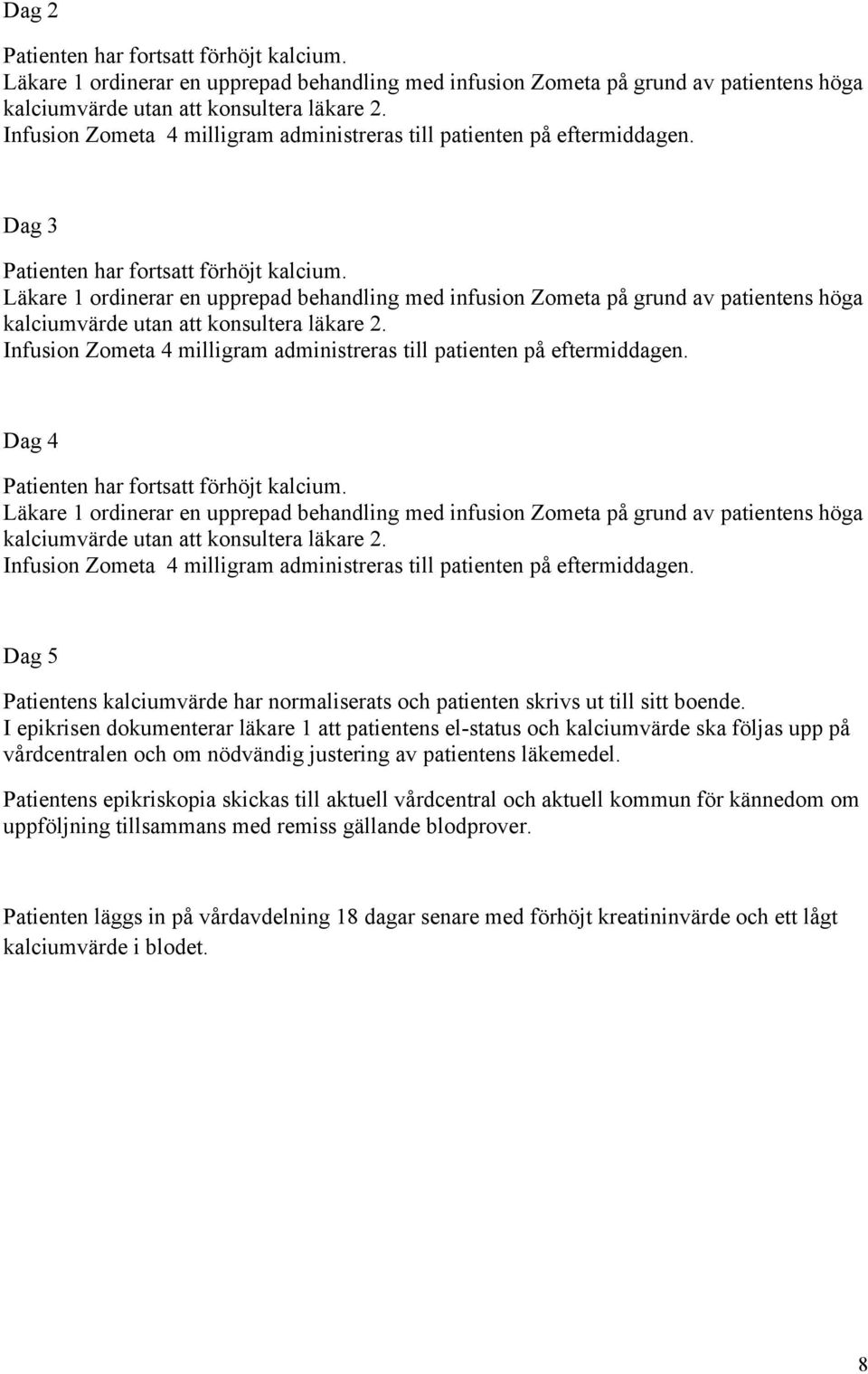 Läkare 1 ordinerar en upprepad behandling med infusion Zometa på grund av patientens höga kalciumvärde utan att konsultera läkare 2.