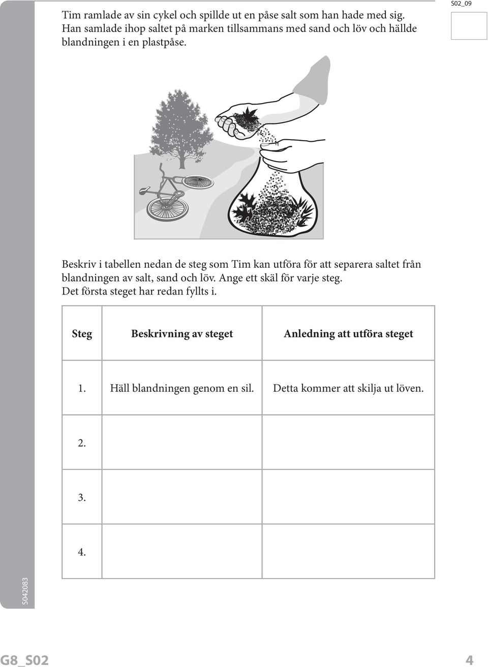 S02_09 Beskriv i tabelle eda de steg som Tim ka utföra för att separera saltet frå bladige av salt, sad och löv.