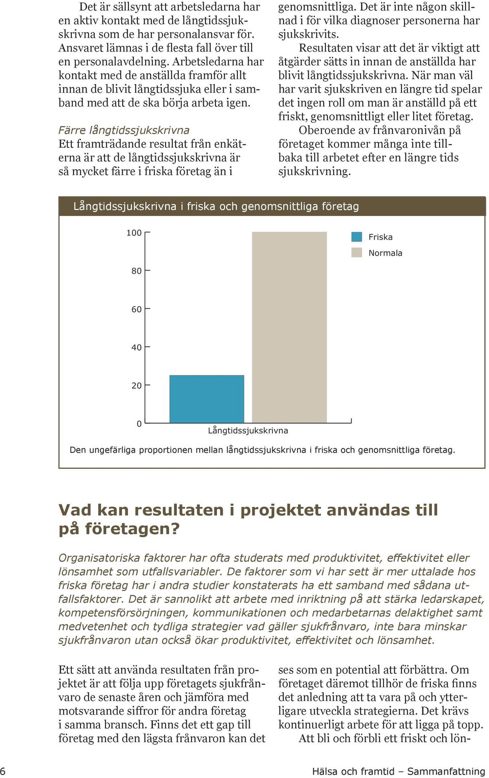 Färre långtidssjukskrivna Ett framträdande resultat från enkäterna är att de långtidssjukskrivna är så mycket färre i friska företag än i genomsnittliga.