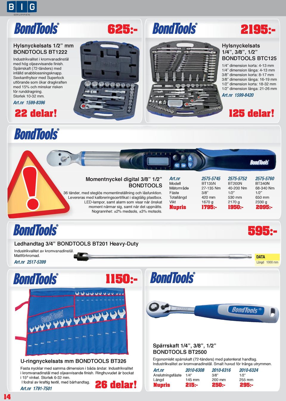 Hylsnyckelsats 1/4, 3/8, 1/2 BONDTOOLS BTC125 1/4 dimension korta: 4-13 mm 1/4 dimension långa: 4-13 mm 3/8 dimension korta: 8-17 mm 3/8 dimension långa: 16-19 mm 1/2 dimension korta: 18-32 mm 1/2