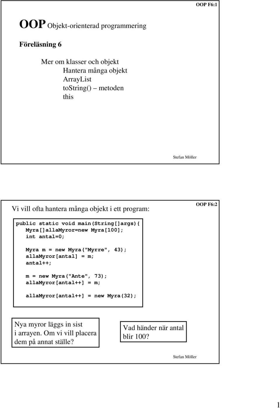 Myra[100]; int antal=0; Myra m = new Myra("Myrre", 43); allamyror[antal] = m; antal++; m = new Myra("Ante", 73); allamyror[antal++] =