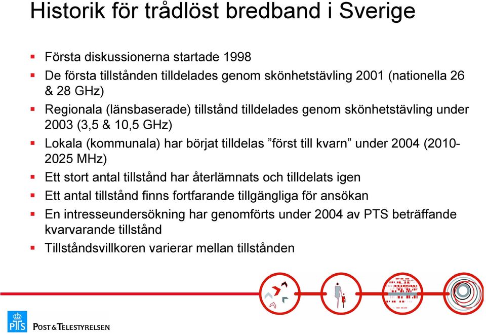 först till kvarn under 2004 (2010-2025 MHz) Ett stort antal tillstånd har återlämnats och tilldelats igen Ett antal tillstånd finns fortfarande