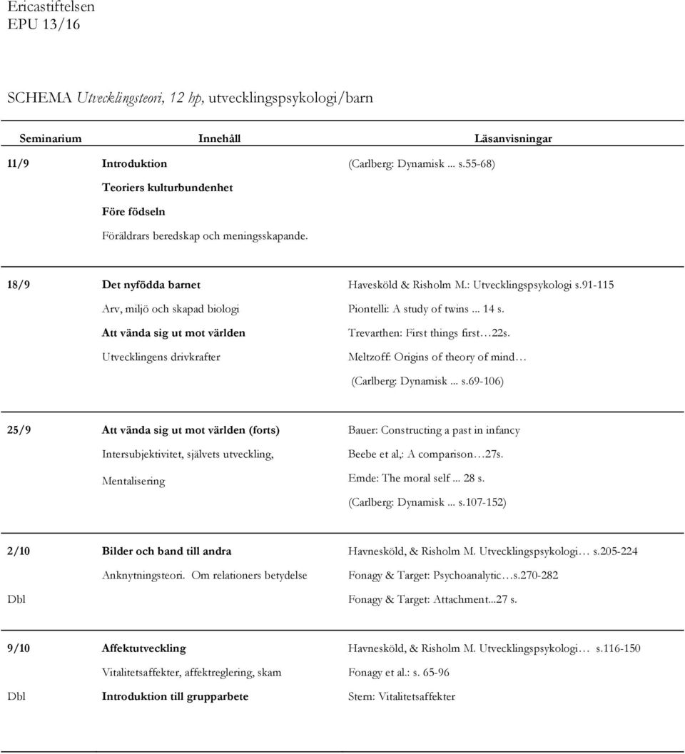 18/9 Det nyfödda barnet Arv, miljö och skapad biologi Att vända sig ut mot världen Utvecklingens drivkrafter Havesköld & Risholm M.: Utvecklingspsykologi s.91-115 Piontelli: A study of twins... 14 s.