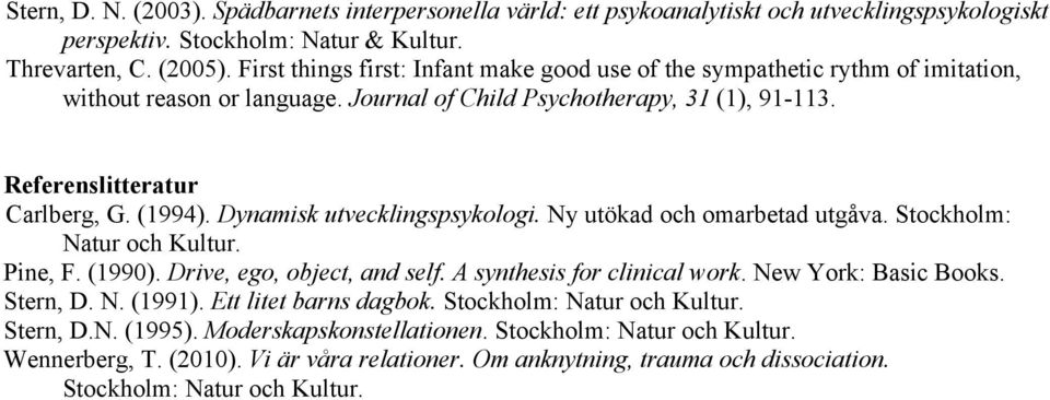 Dynamisk utvecklingspsykologi. Ny utökad och omarbetad utgåva. Stockholm: Natur och Kultur. Pine, F. (1990). Drive, ego, object, and self. A synthesis for clinical work. New York: Basic Books.