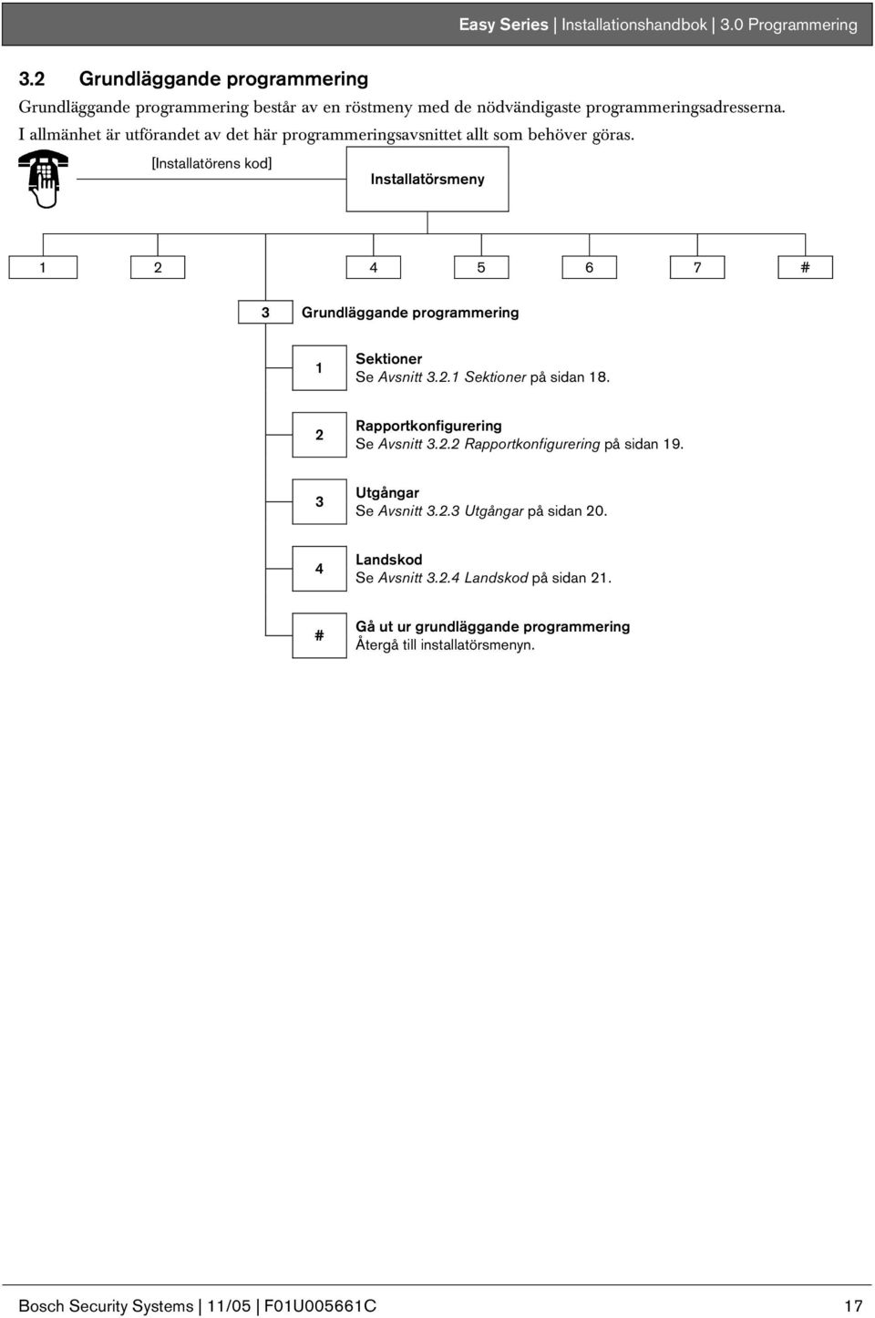 [Installatörens kod] Installatörsmeny 1 2 4 5 6 7 # 3 Grundläggande programmering 1 Sektioner Se Avsnitt 3.2.1 Sektioner på sidan 18. 2 Rapportkonfigurering Se Avsnitt 3.2.2 Rapportkonfigurering på sidan 19.