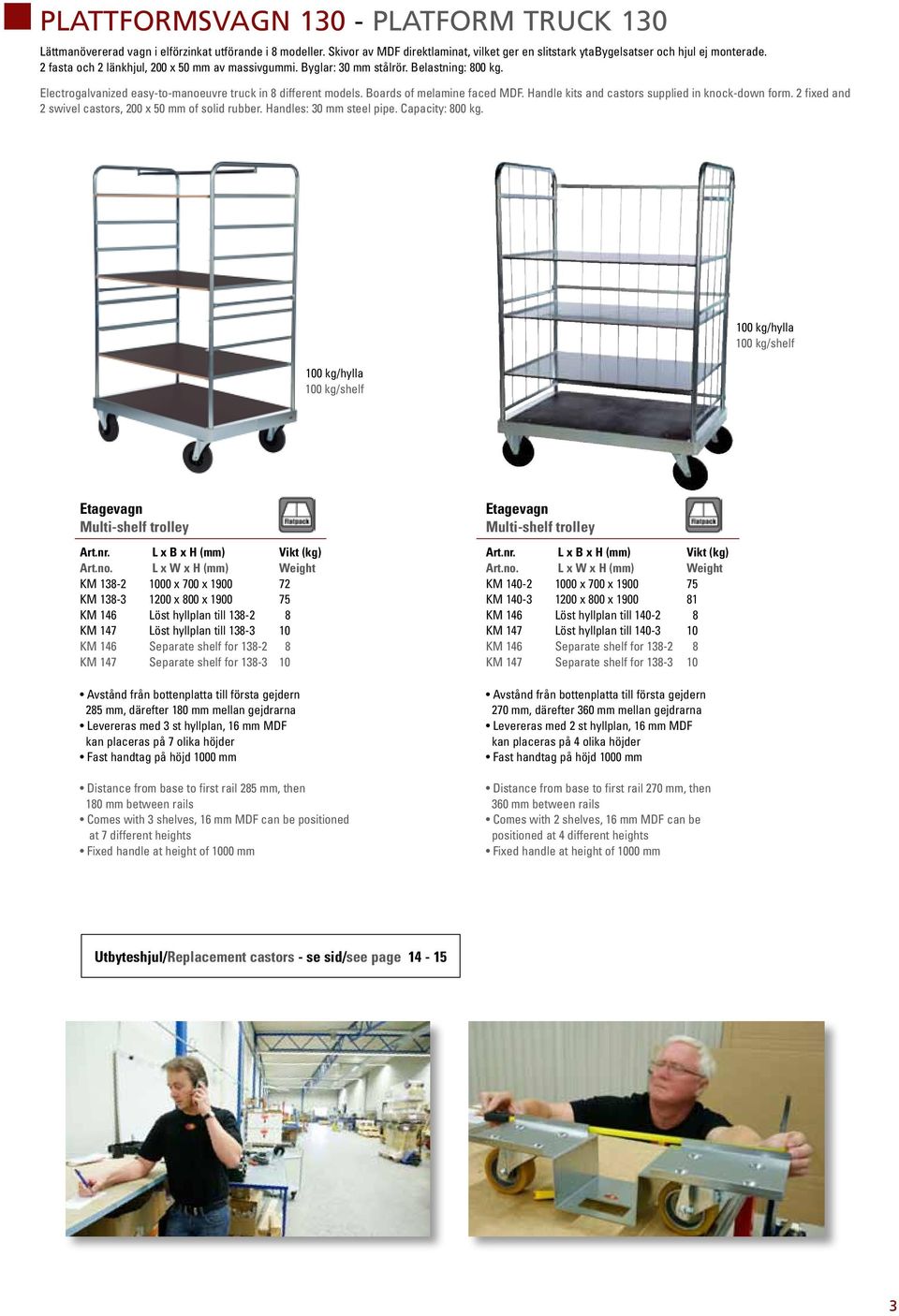 Handle kits and castors supplied in knock-down form. 2 fixed and 2 swivel castors, 200 x 50 mm of solid rubber. Handles: 30 mm steel pipe. Capacity: 800 kg.