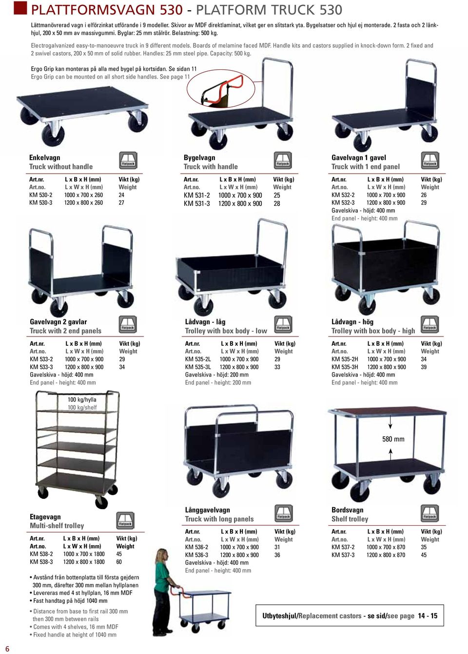 Handle kits and castors supplied in knock-down form. 2 fixed and 2 swivel castors, 200 x 50 mm of solid rubber. Handles: 25 mm steel pipe. Capacity: 500 kg.