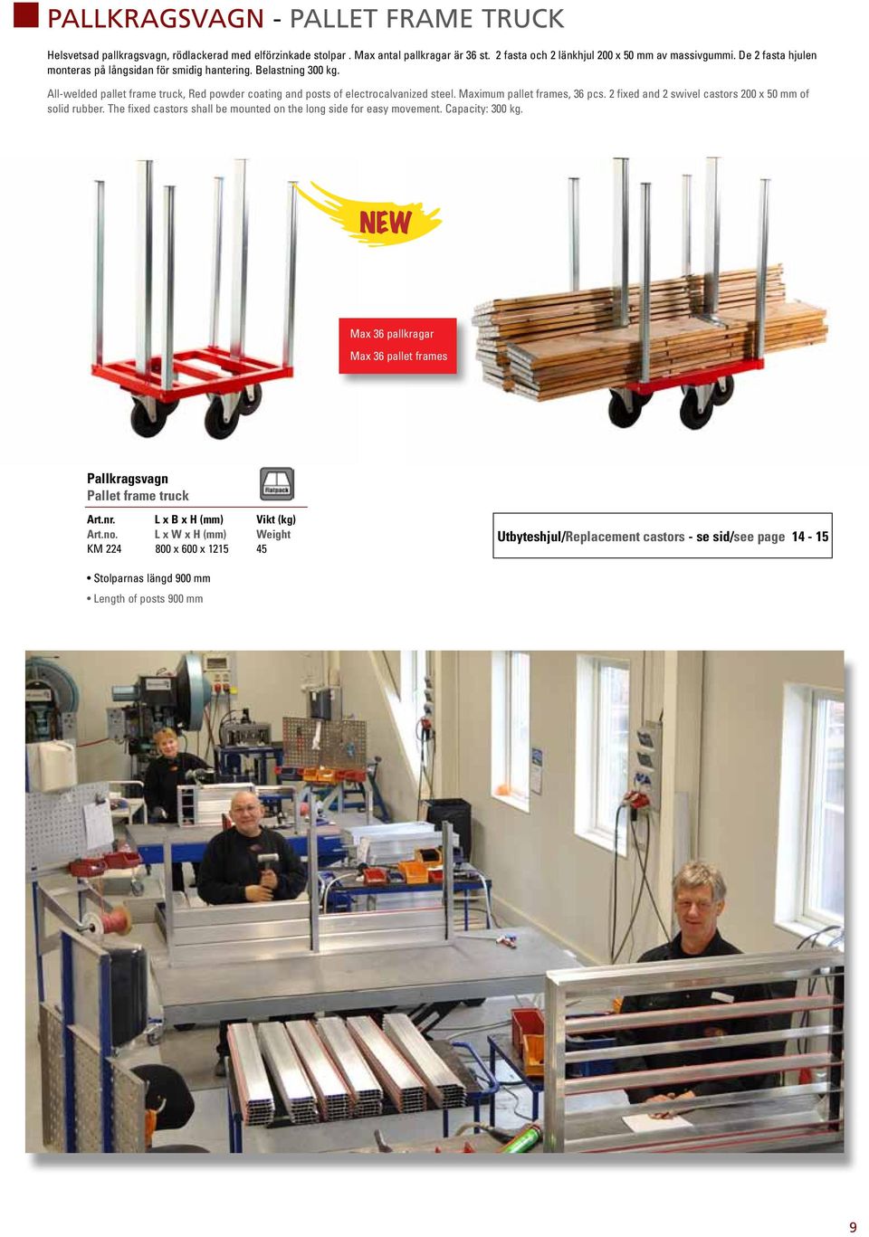 Maximum pallet frames, 36 pcs. 2 fixed and 2 swivel castors 200 x 50 mm of solid rubber. The fixed castors shall be mounted on the long side for easy movement. Capacity: 300 kg.