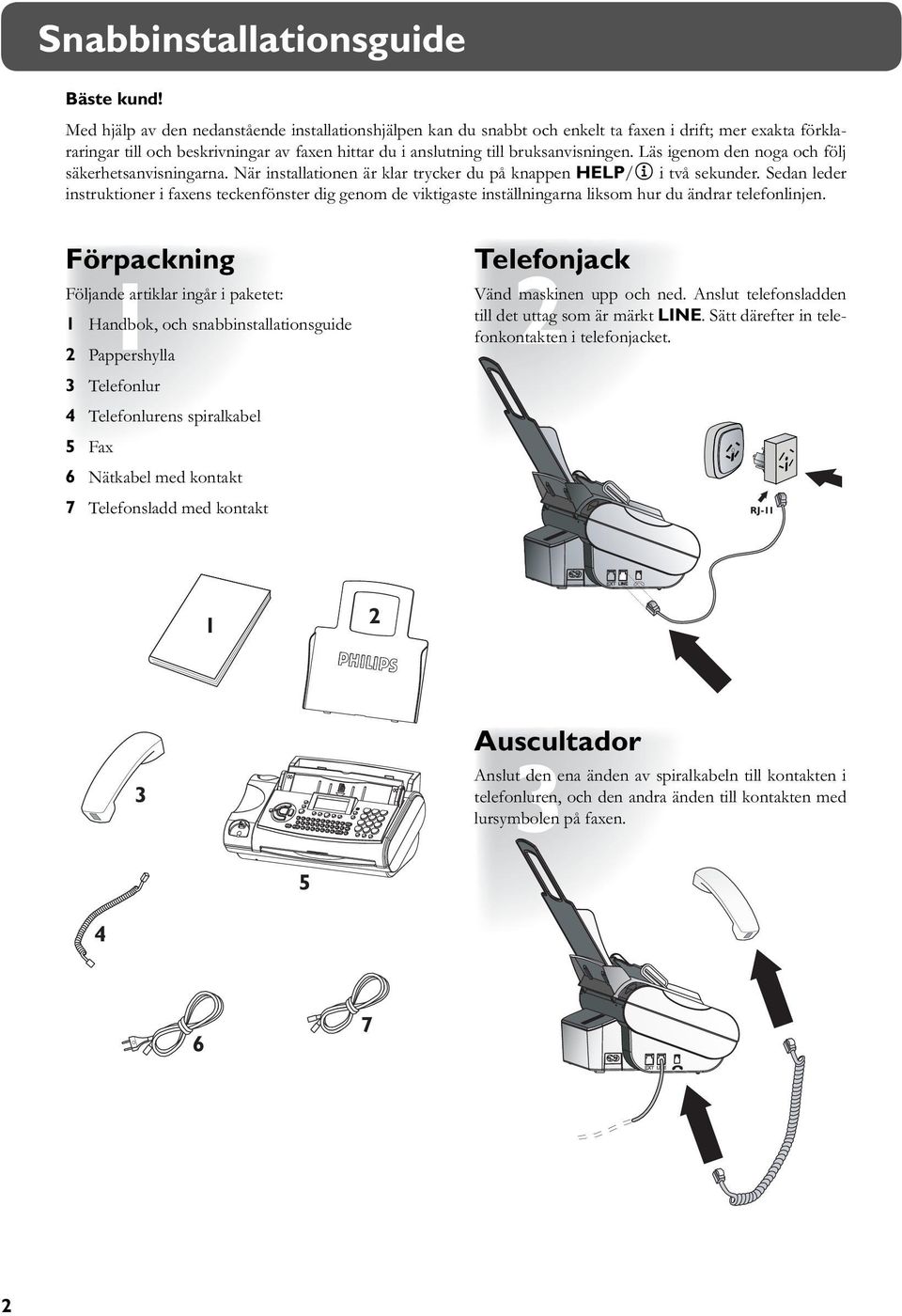 Läs igenom den noga och följ säkerhetsanvisningarna. När installationen är klar trycker du på knappen HELP/w i två sekunder.