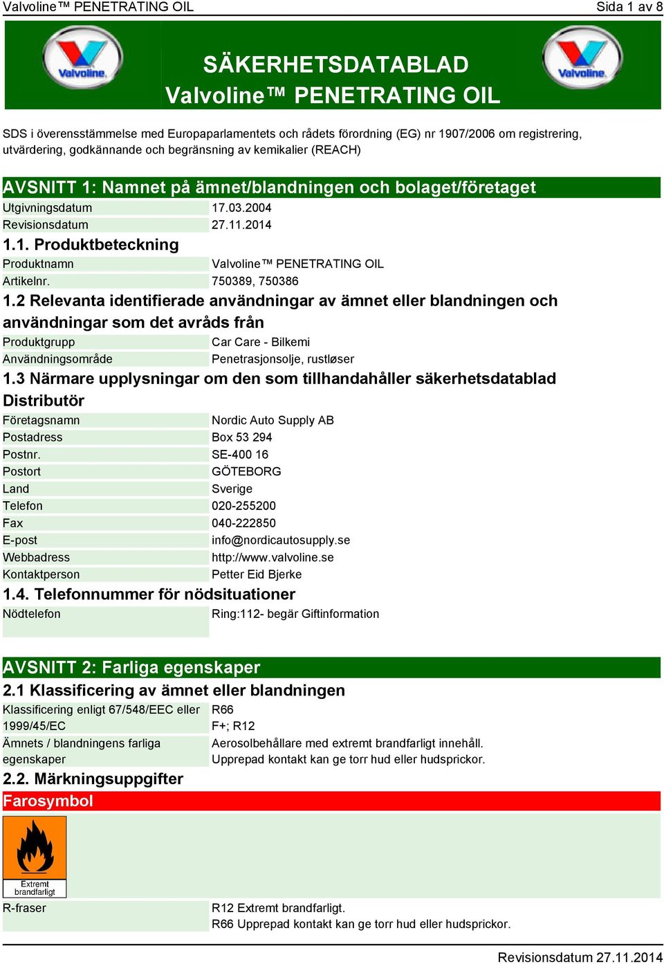 750389, 750386 1.2 Relevanta identifierade användningar av ämnet eller blandningen och användningar som det avråds från Produktgrupp Car Care - Bilkemi Användningsområde Penetrasjonsolje, rustløser 1.