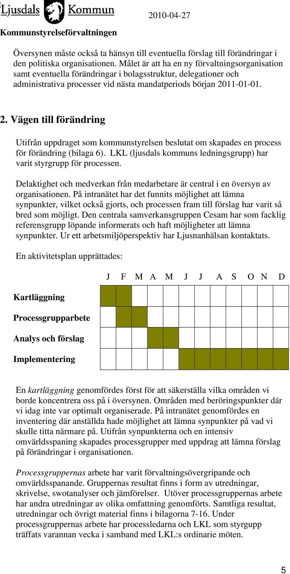 11-01-01. 2. Vägen till förändring Utifrån uppdraget som kommunstyrelsen beslutat om skapades en process för förändring (bilaga 6).