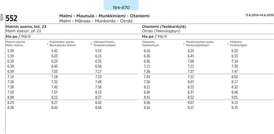 Hämeenlinnanv. Otaniemi, Munkkiniemen aukio Vihdintie Bocksbacka station Tavastehusleden Teekkarikylä Munksnäsplatsen Vichtisvägen 5.39 5.42 5.53 6.16 6.25 6.32 5.59 6.03 6.