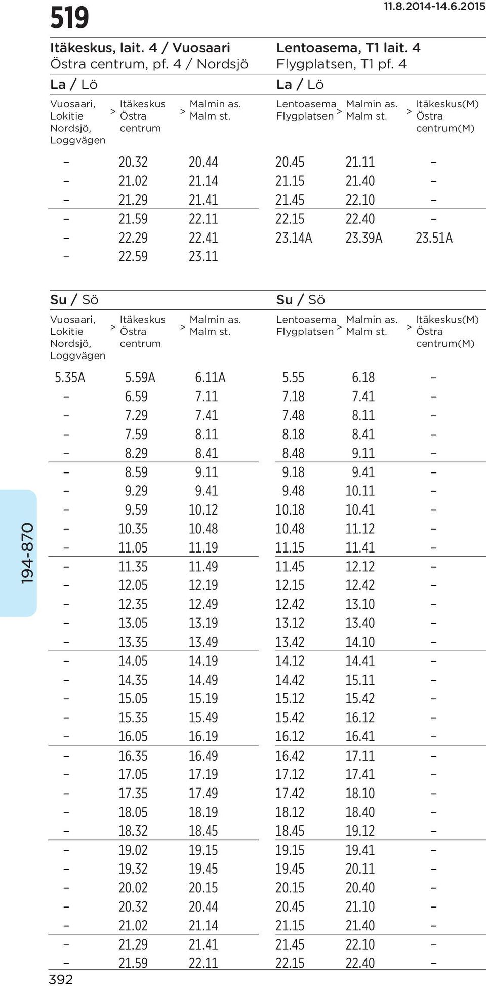 39A 23.51A 22.59 23.11 Su / Sö Vuosaari, Lokitie Nordsjö, Loggvägen Su / Sö Itäkeskus Malmin as. Lentoasema Malmin as. Itäkeskus(M) Östra Flygplatsen Östra centrum centrum(m) 5.35A 5.59A 6.11A 5.55 6.