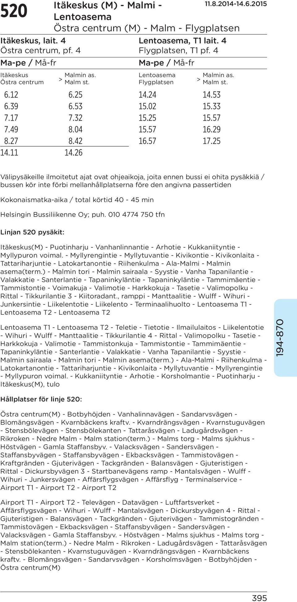 26 Välipysäkeille ilmoitetut ajat ovat ohjeaikoja, joita ennen bussi ei ohita pysäkkiä / bussen kör inte förbi mellanhållplatserna före den angivna passertiden Kokonaismatka-aika / total körtid 40-45