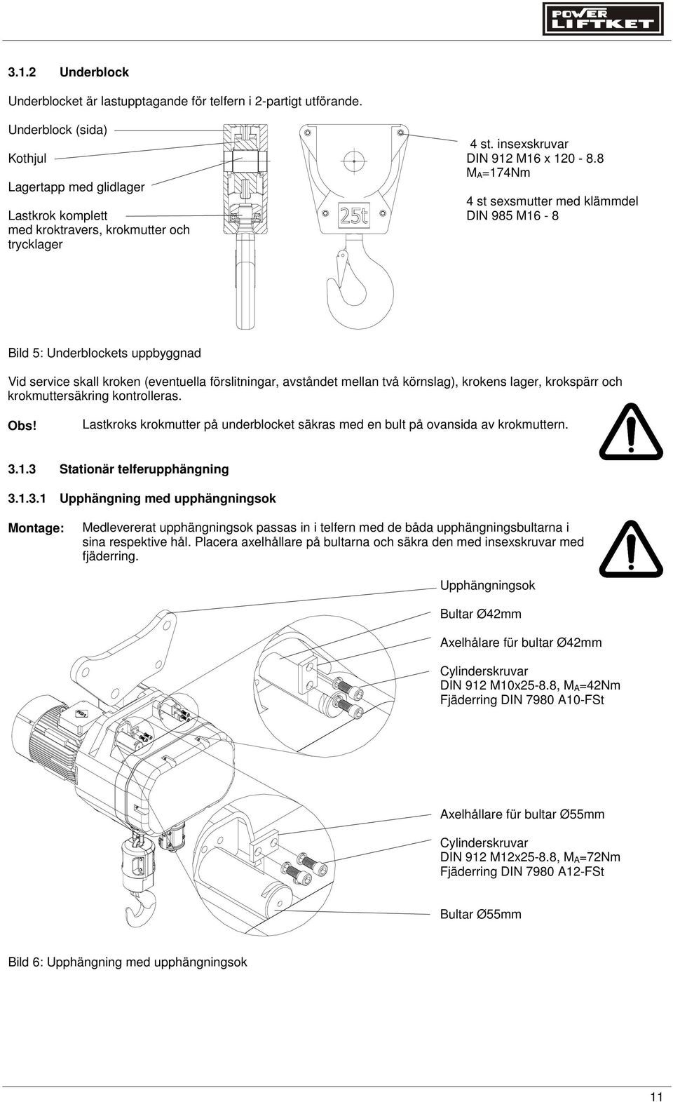 8 M A=174Nm 4 st sexsmutter med klämmdel DIN 985 M16-8 Bild 5: Underblockets uppbyggnad Vid service skall kroken (eventuella förslitningar, avståndet mellan två körnslag), krokens lager, krokspärr