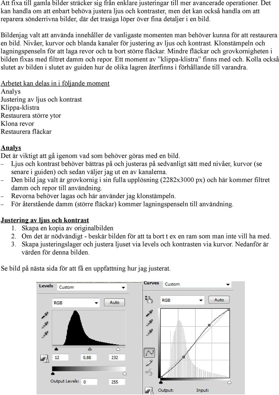 Bildenjag valt att använda innehåller de vanligaste momenten man behöver kunna för att restaurera en bild. Nivåer, kurvor och blanda kanaler för justering av ljus och kontrast.