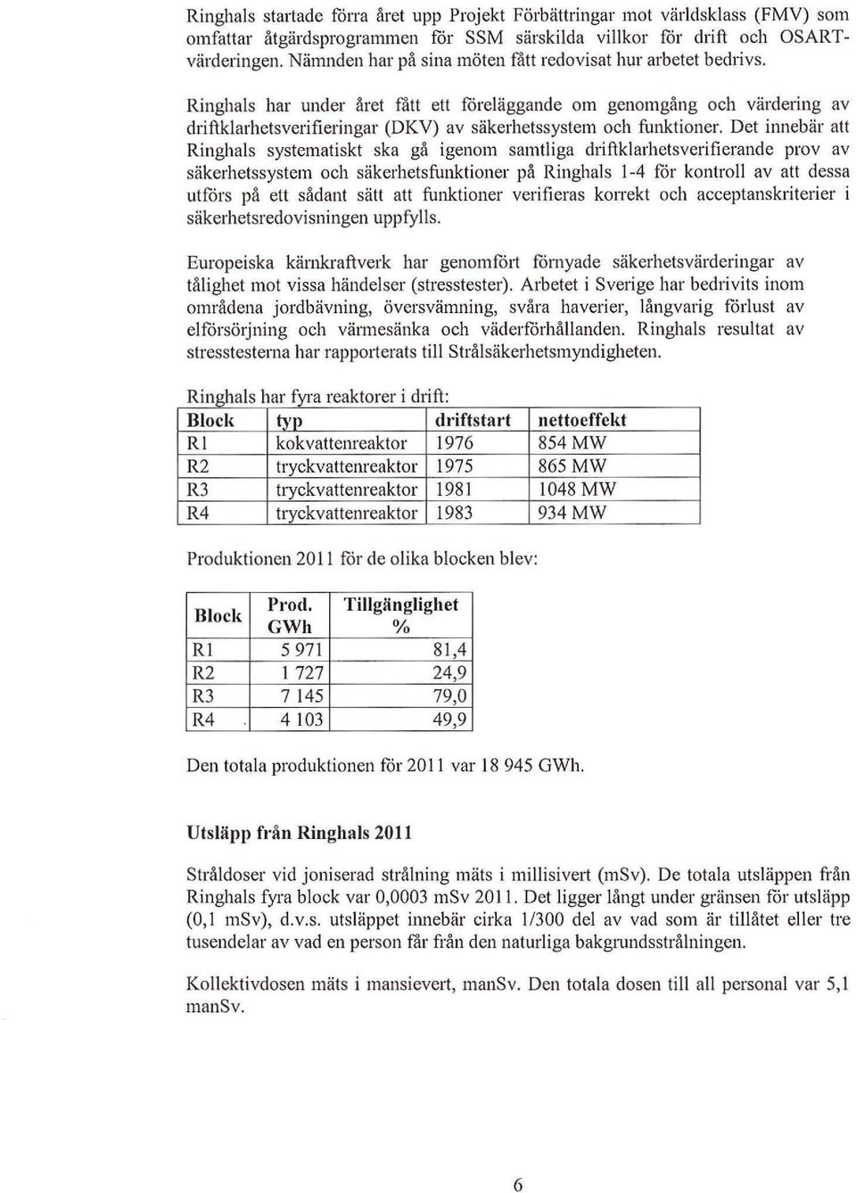 Ringhals har under året fått ett föreläggande om genomgång och värdering av driftklarhetsverifieringar (DKV) av säkerhetssystem och funktioner.