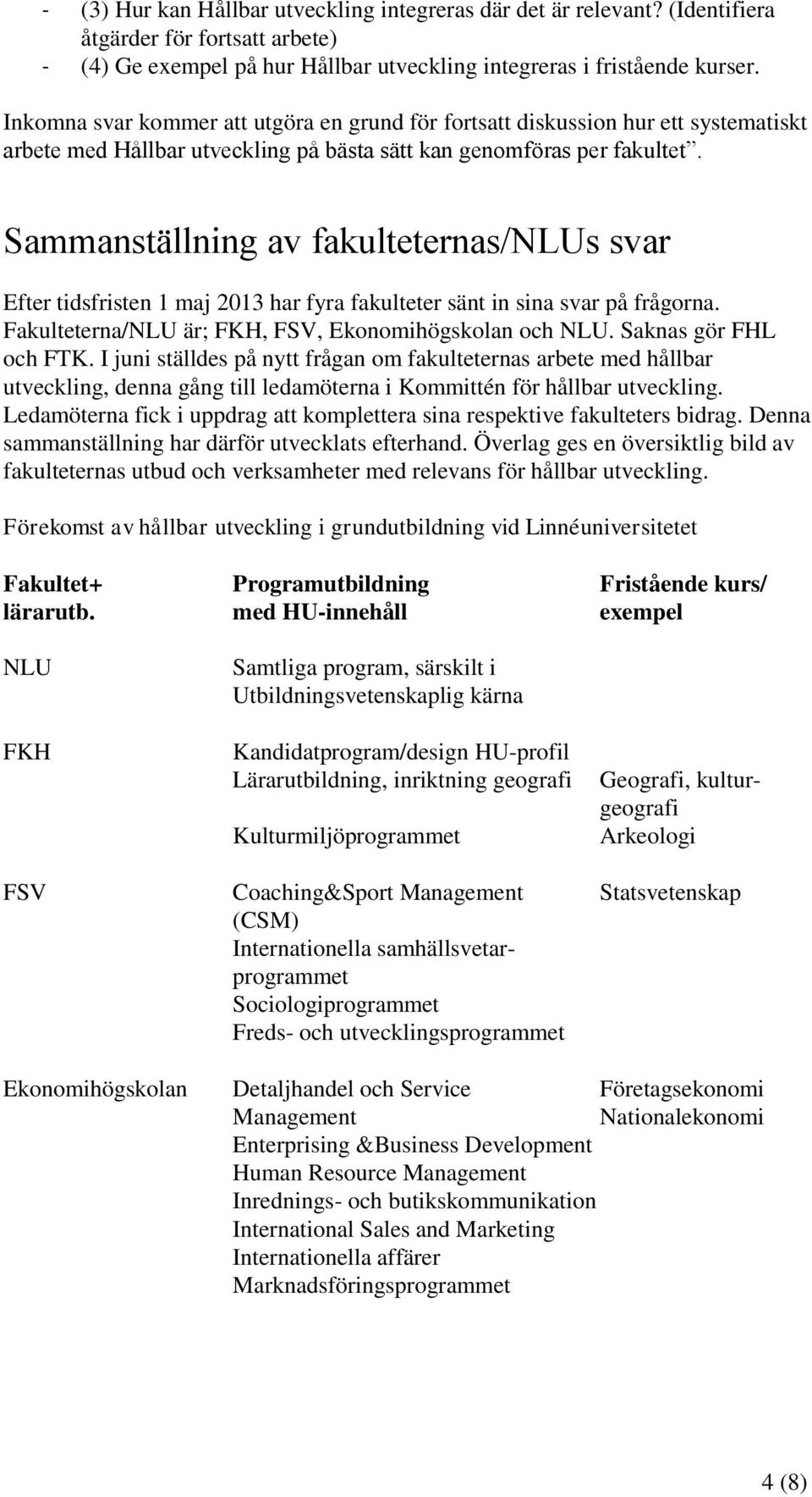 Sammanställning av fakulteternas/nlus svar Efter tidsfristen 1 maj 2013 har fyra fakulteter sänt in sina svar på frågorna. Fakulteterna/NLU är; FKH, FSV, Ekonomihögskolan och NLU.