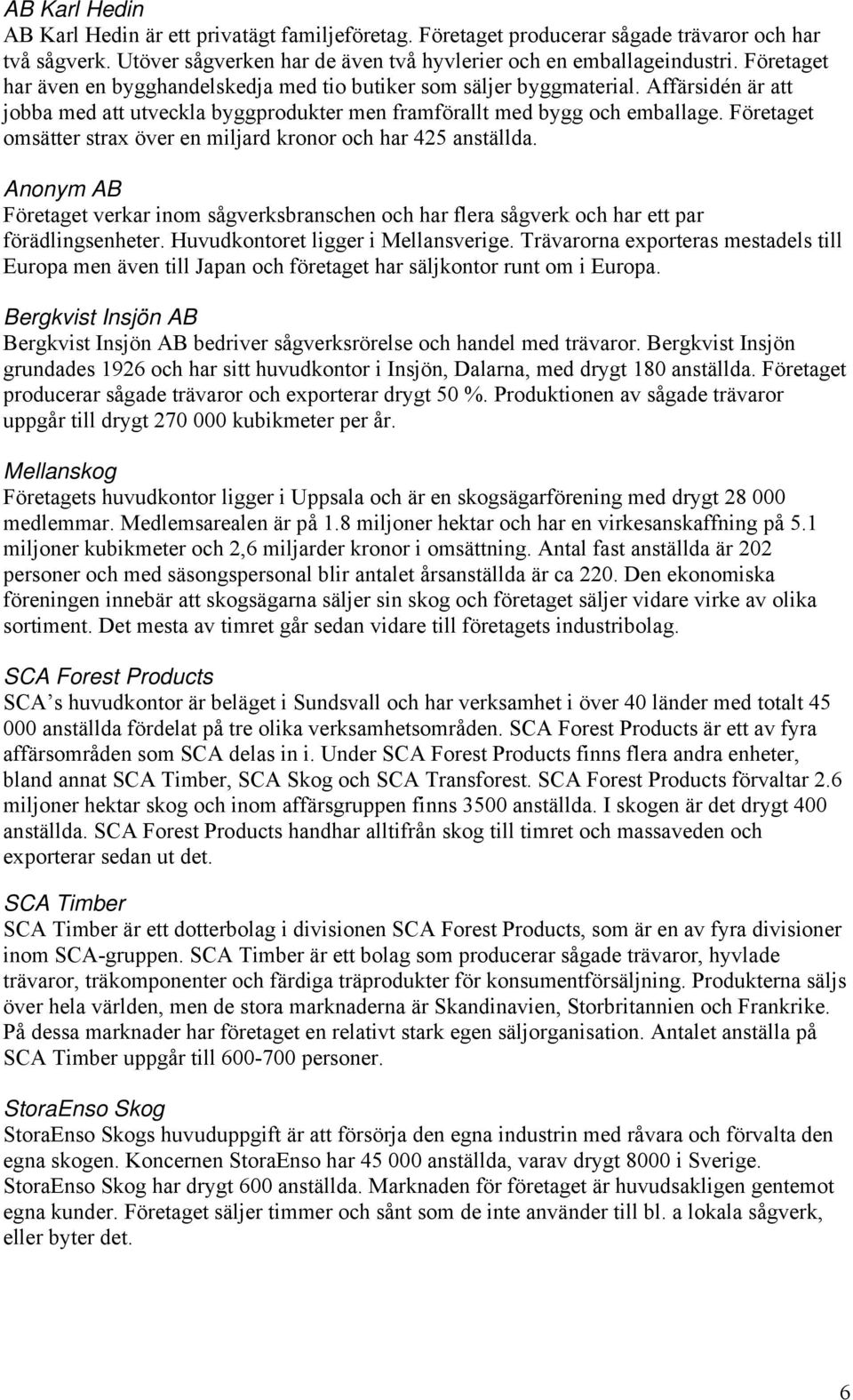 Företaget omsätter strax över en miljard kronor och har 425 anställda. Anonym AB Företaget verkar inom sågverksbranschen och har flera sågverk och har ett par förädlingsenheter.