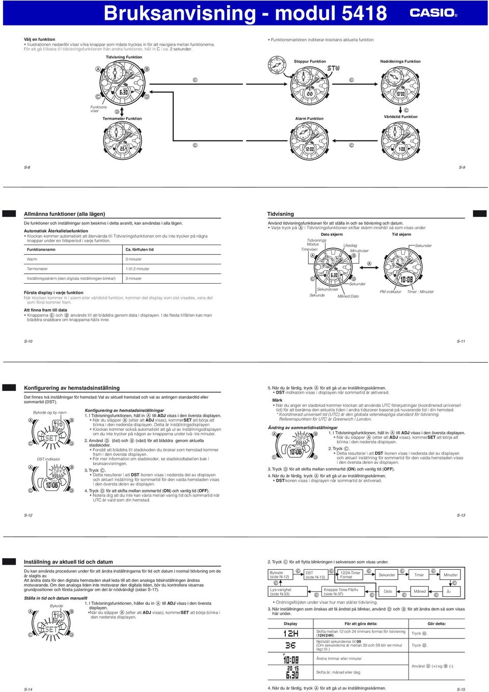 Funktionsmarkören indikerar klockans aktuella funktion Tidvisning Funktion Stoppur Funktion Nedräknings Funktion Funktions viser Termometer Funktion Alarm Funktion Världstid Funktion S-8 S-9 Allmänna