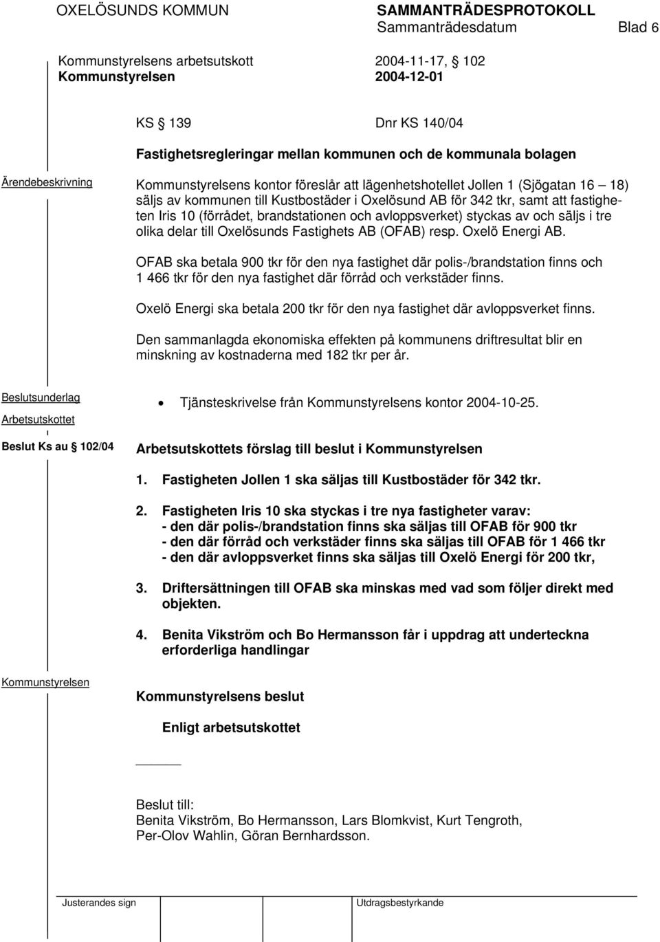 Fastighets AB (OFAB) resp. Oxelö Energi AB. OFAB ska betala 900 tkr för den nya fastighet där polis-/brandstation finns och 1 466 tkr för den nya fastighet där förråd och verkstäder finns.