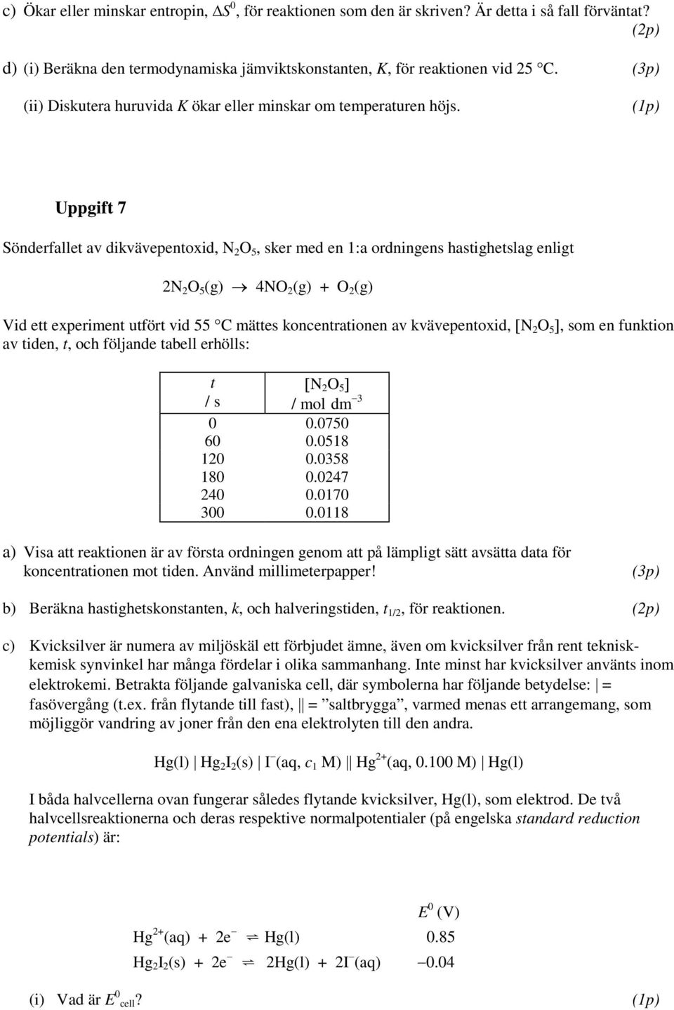 Uppgit 7 Sönderllet v dikvävepentxid, N O 5, sker med en : rdningens hstighetslg enligt N O 5 (g) 4NO (g) O (g) Vid ett experiment utört vid 55 C mättes kncentrtinen v kvävepentxid, [N O 5 ], sm en