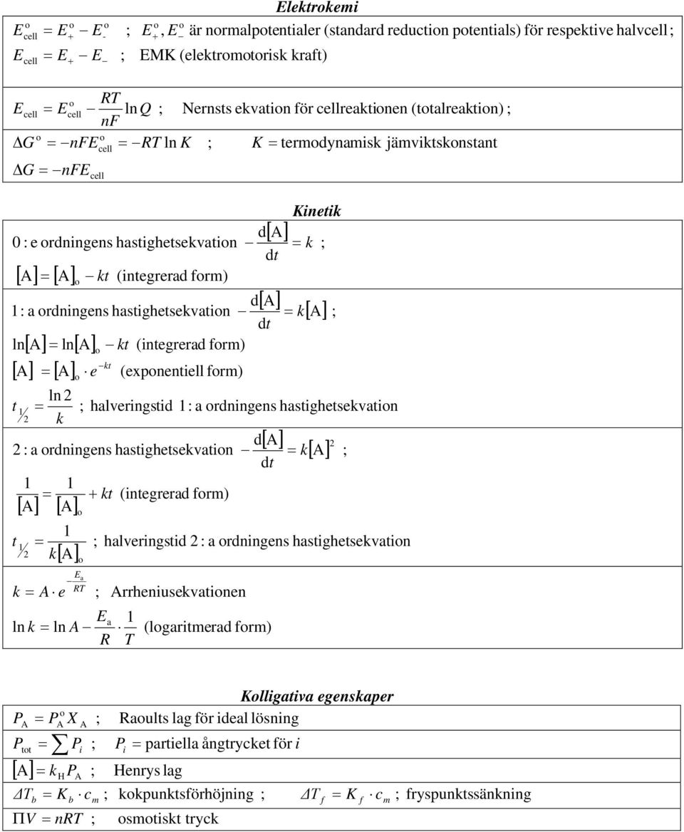 rm) kt Kinetik k k [ ] hlveringstid : rdningens hstighetsekvtin : rdningens hstighetsekvtin t k k e E RT kt E ln k ln R (integrerd rm) [ ] d dt k [ ] hlveringstid : rdningens hstighetsekvtin