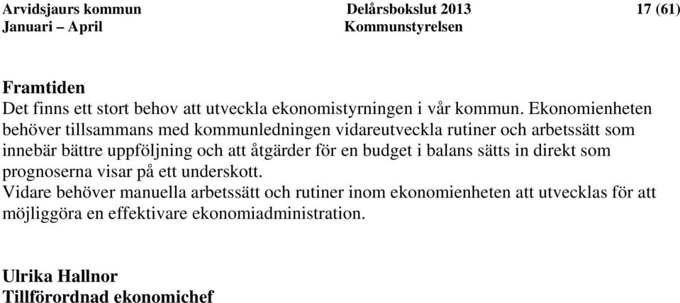 åtgärder för en budget i balans sätts in direkt som prognoserna visar på ett underskott.