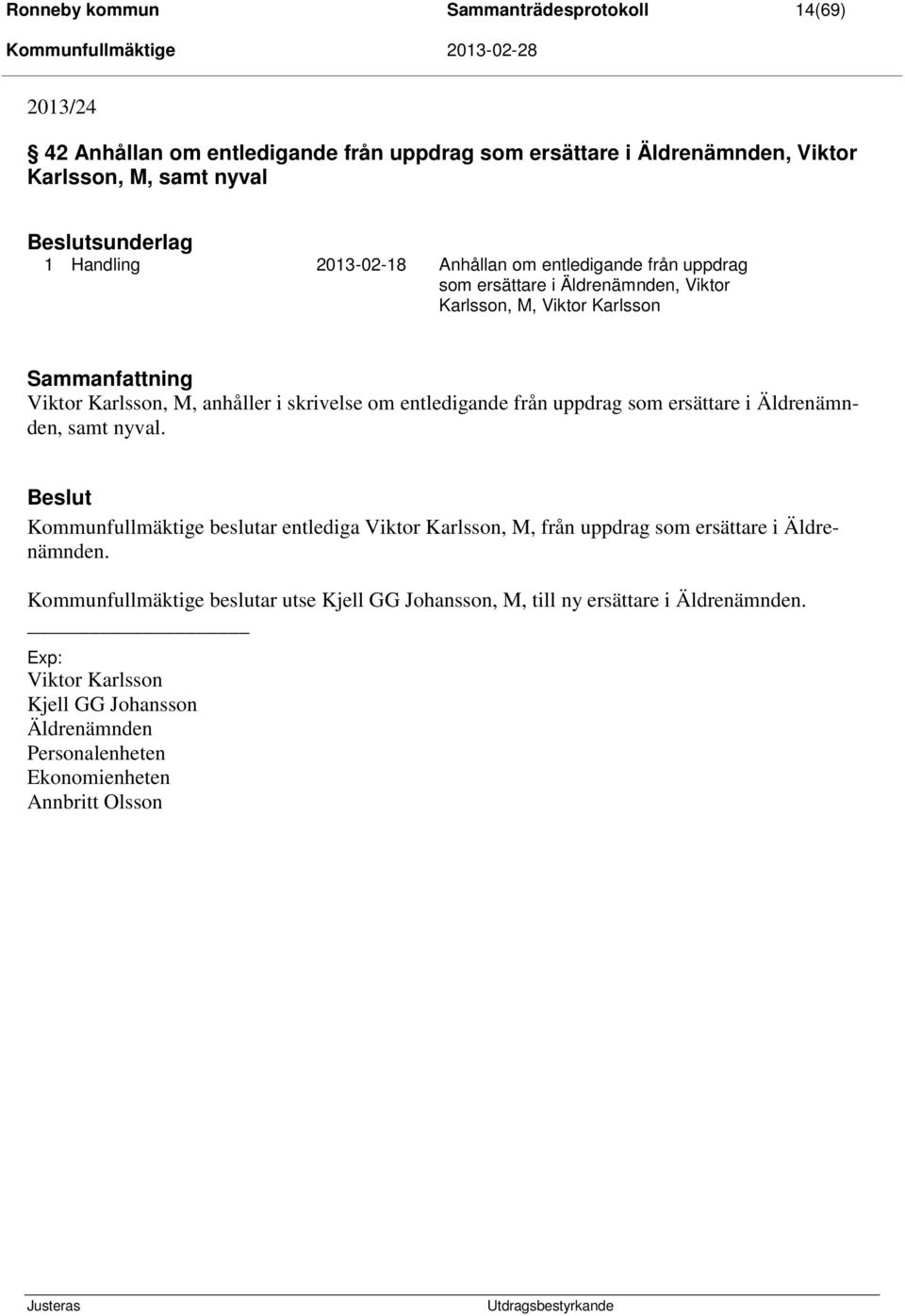 om entledigande från uppdrag som ersättare i Äldrenämnden, samt nyval. Beslut Kommunfullmäktige beslutar entlediga Viktor Karlsson, M, från uppdrag som ersättare i Äldrenämnden.