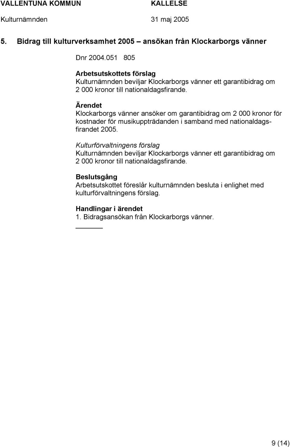 Ärendet Klockarborgs vänner ansöker om garantibidrag om 2 000 kronor för kostnader för musikuppträdanden i samband med nationaldagsfirandet 2005.