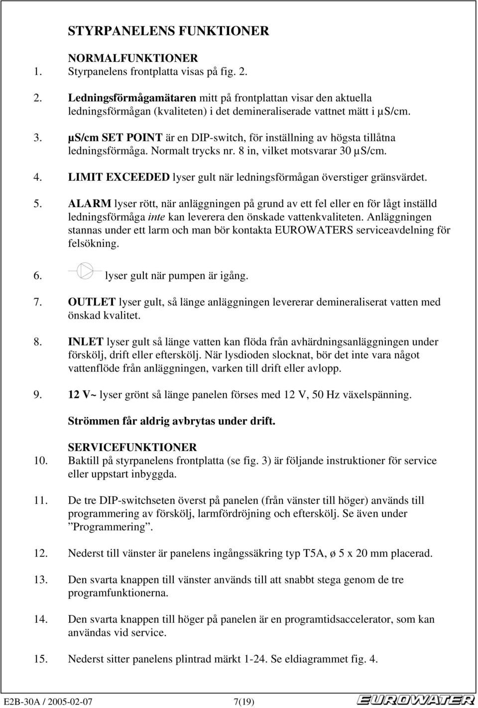 µs/cm SET POINT är en DIP-switch, för inställning av högsta tillåtna ledningsförmåga. Normalt trycks nr. 8 in, vilket motsvarar 30 µs/cm. 4.