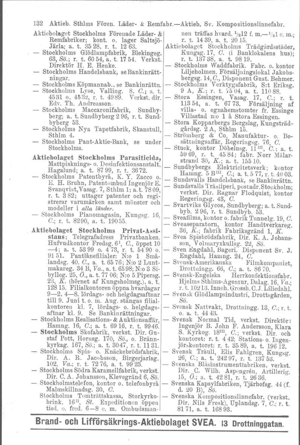 t. 1754. Verk st. r. t. 13788, a. t. 9819. Direktör H. E. Henke, - Stockholms Waddfabrik. Fabr, o. kontor - Stockholms Handelsbank, sebankinrätt- Liljeholmen. Försäljningslokal Jakobsningar. bergsg.