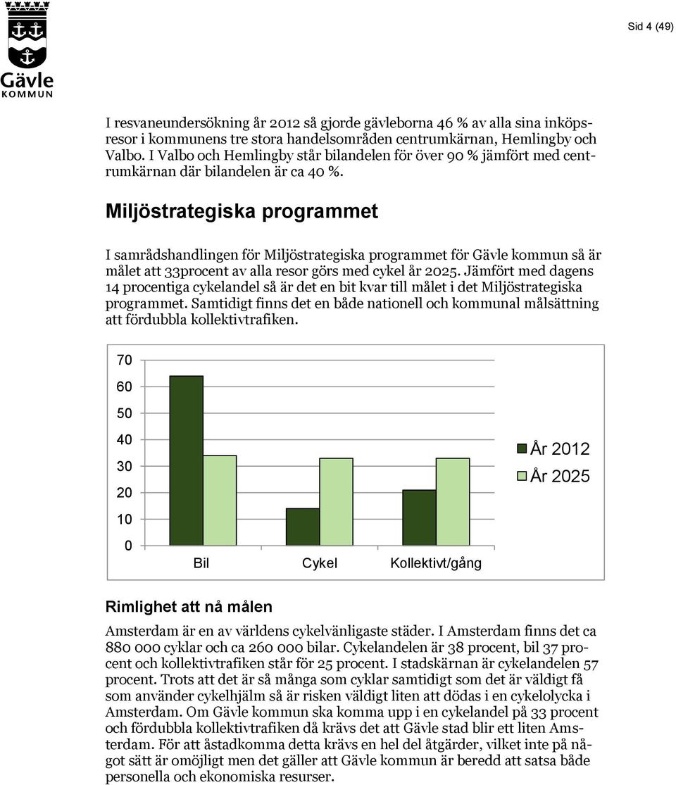 Miljöstrategiska programmet I samrådshandlingen för Miljöstrategiska programmet för Gävle kommun så är målet att 33procent av alla resor görs med cykel år 2025.