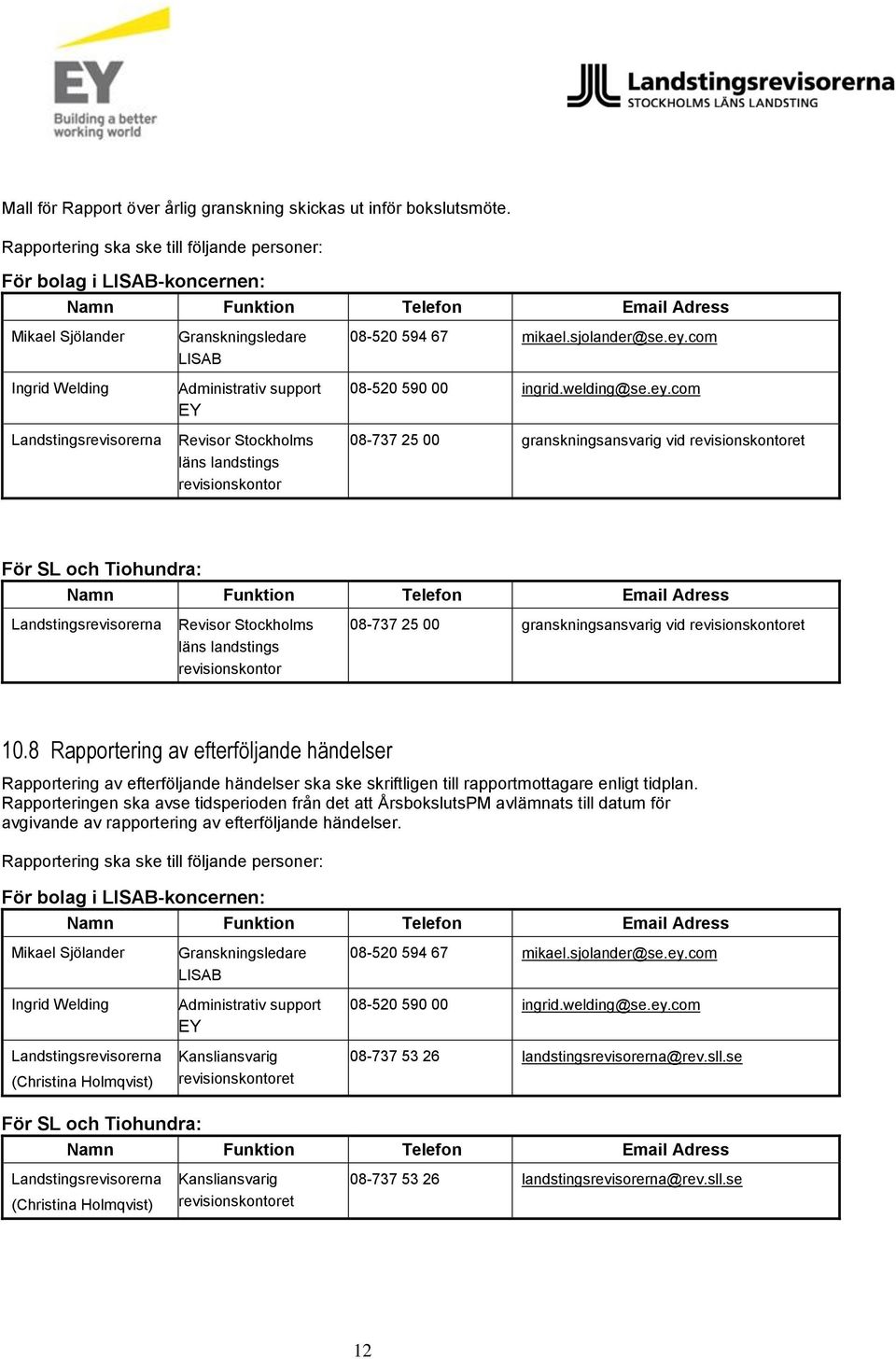 8 Rapportering av efterföljande händelser Rapportering av efterföljande händelser ska ske skriftligen till rapportmottagare enligt tidplan.