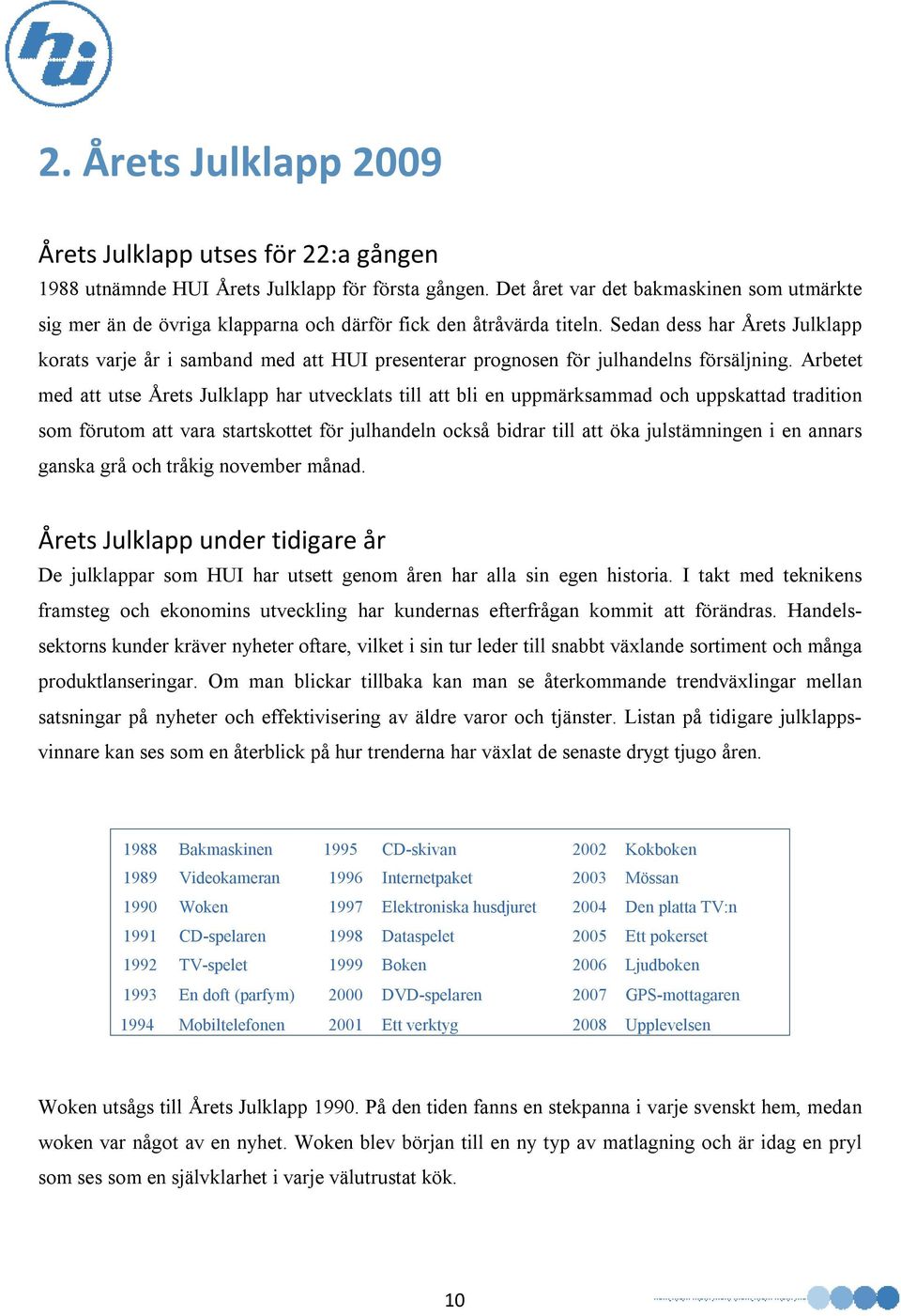 Sedan dess har Årets Julklapp korats varje år i samband med att HUI presenterar prognosen för julhandelns försäljning.