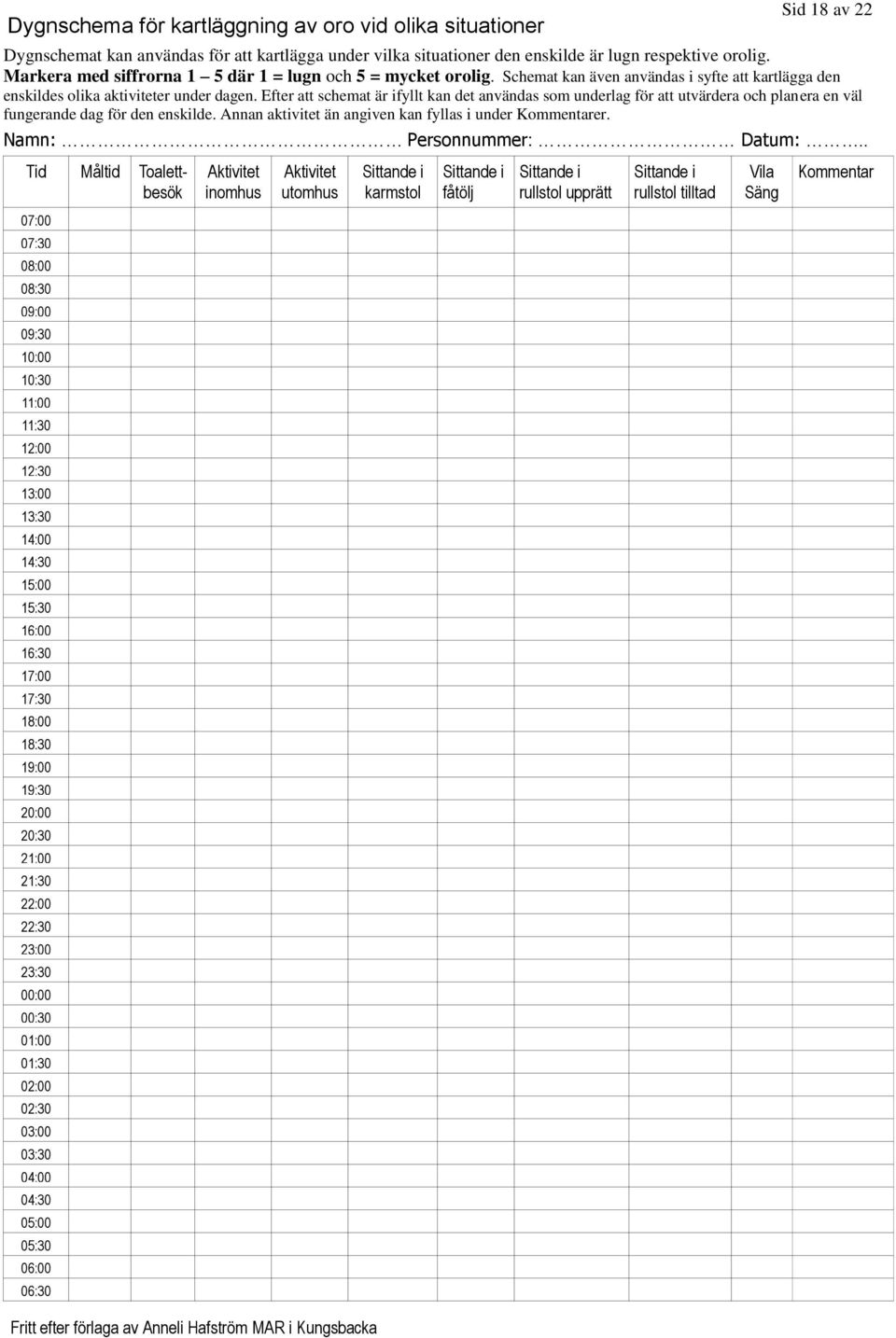 Efter att schemat är ifyllt kan det användas som underlag för att utvärdera och planera en väl fungerande dag för den enskilde. Annan aktivitet än angiven kan fyllas i under Kommentarer.