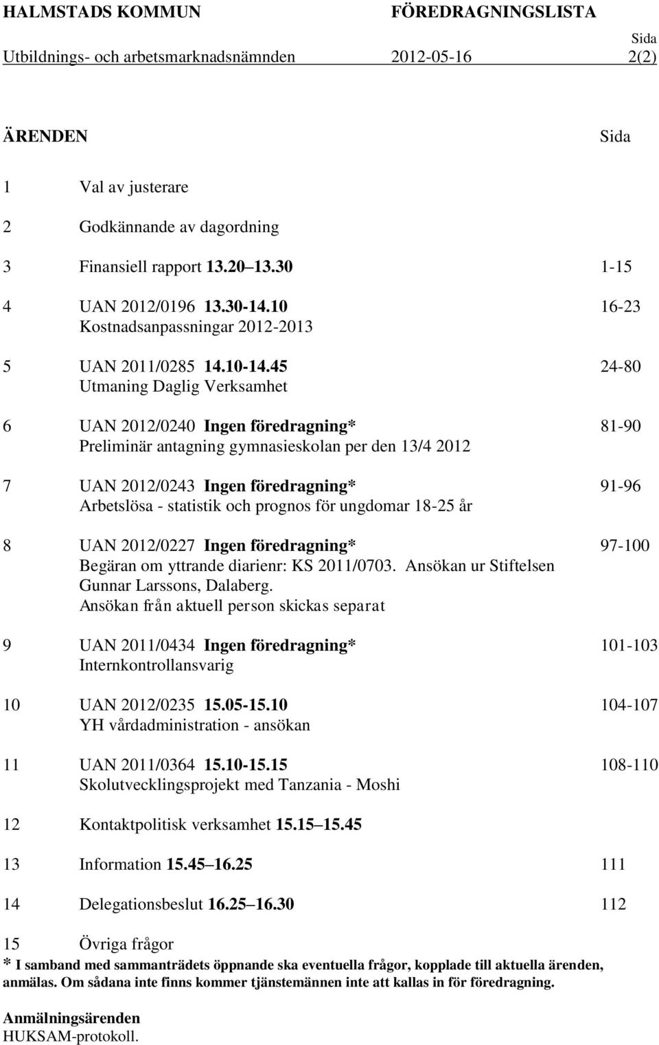 45 Utmaning Daglig Verksamhet 6 UAN 2012/0240 Ingen föredragning* Preliminär antagning gymnasieskolan per den 13/4 2012 7 UAN 2012/0243 Ingen föredragning* Arbetslösa - statistik och prognos för