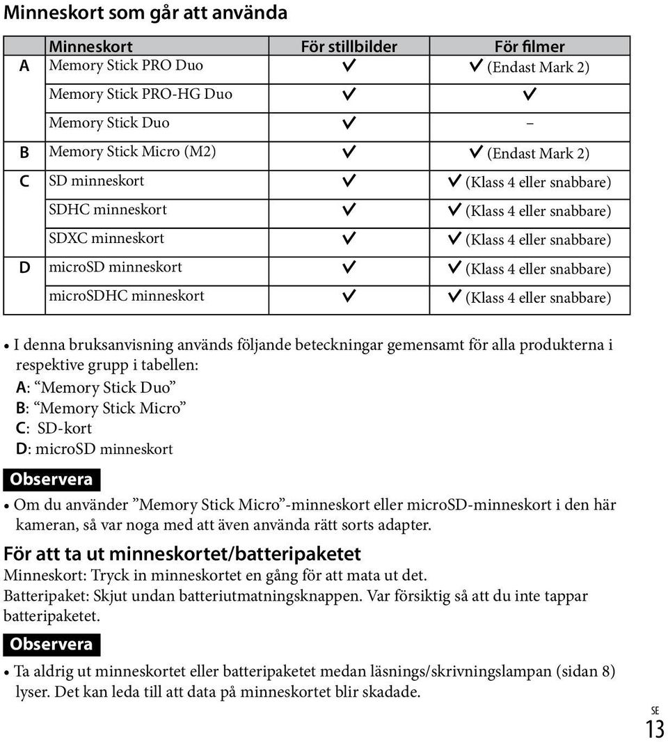 snabbare) I denna bruksanvisning används följande beteckningar gemensamt för alla produkterna i respektive grupp i tabellen: A: Memory Stick Duo B: Memory Stick Micro C: SD-kort D: microsd minneskort