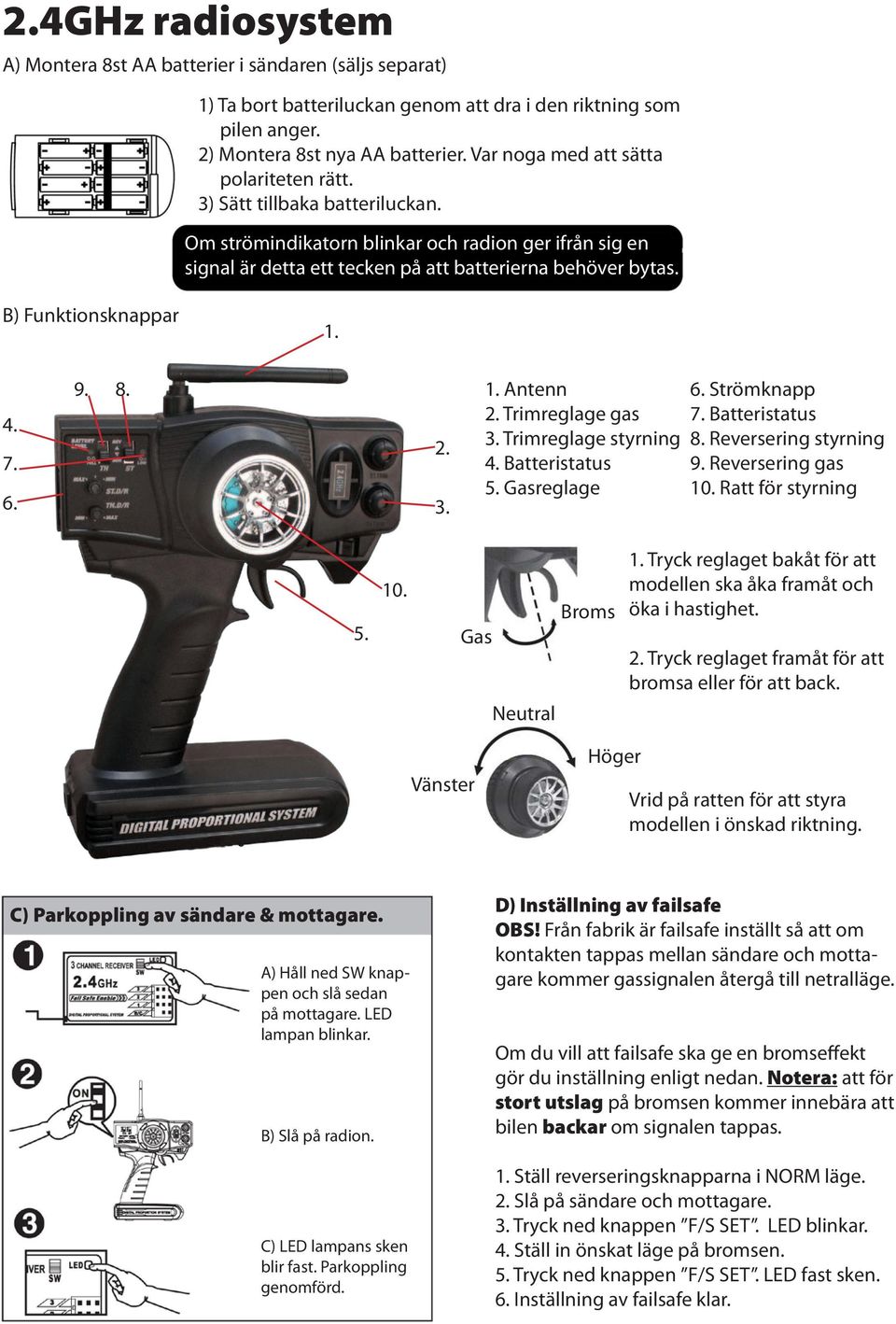 B) Funktionsknappar 1. 4. 7. 6. 9. 8. 2. 3. 1. Antenn 2. Trimreglage gas 3. Trimreglage styrning 4. Batteristatus 5. Gasreglage 6. Strömknapp 7. Batteristatus 8. Reversering styrning 9.