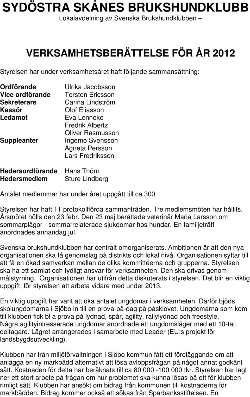 Svensson Agneta Persson Lars Fredriksson Hans Thörn Sture Lindberg Antalet medlemmar har under året uppgått till ca 300. Styrelsen har haft 11 protokollförda sammanträden.