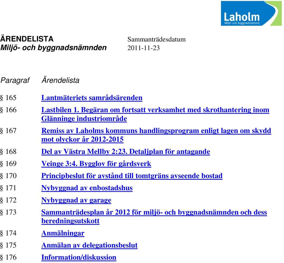 år 2012-2015 168 Del av Västra Mellby 2:23. Detaljplan för antagande 169 Veinge 3:4.