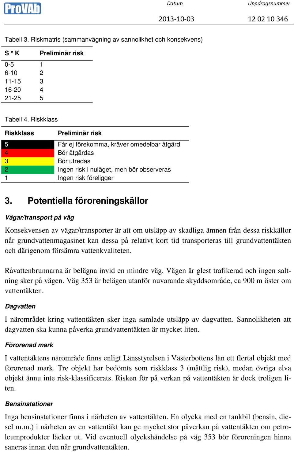 Potentiella föroreningskällor Vägar/transport på väg Konsekvensen av vägar/transporter är att om utsläpp av skadliga ämnen från dessa riskkällor når grundvattenmagasinet kan dessa på relativt kort