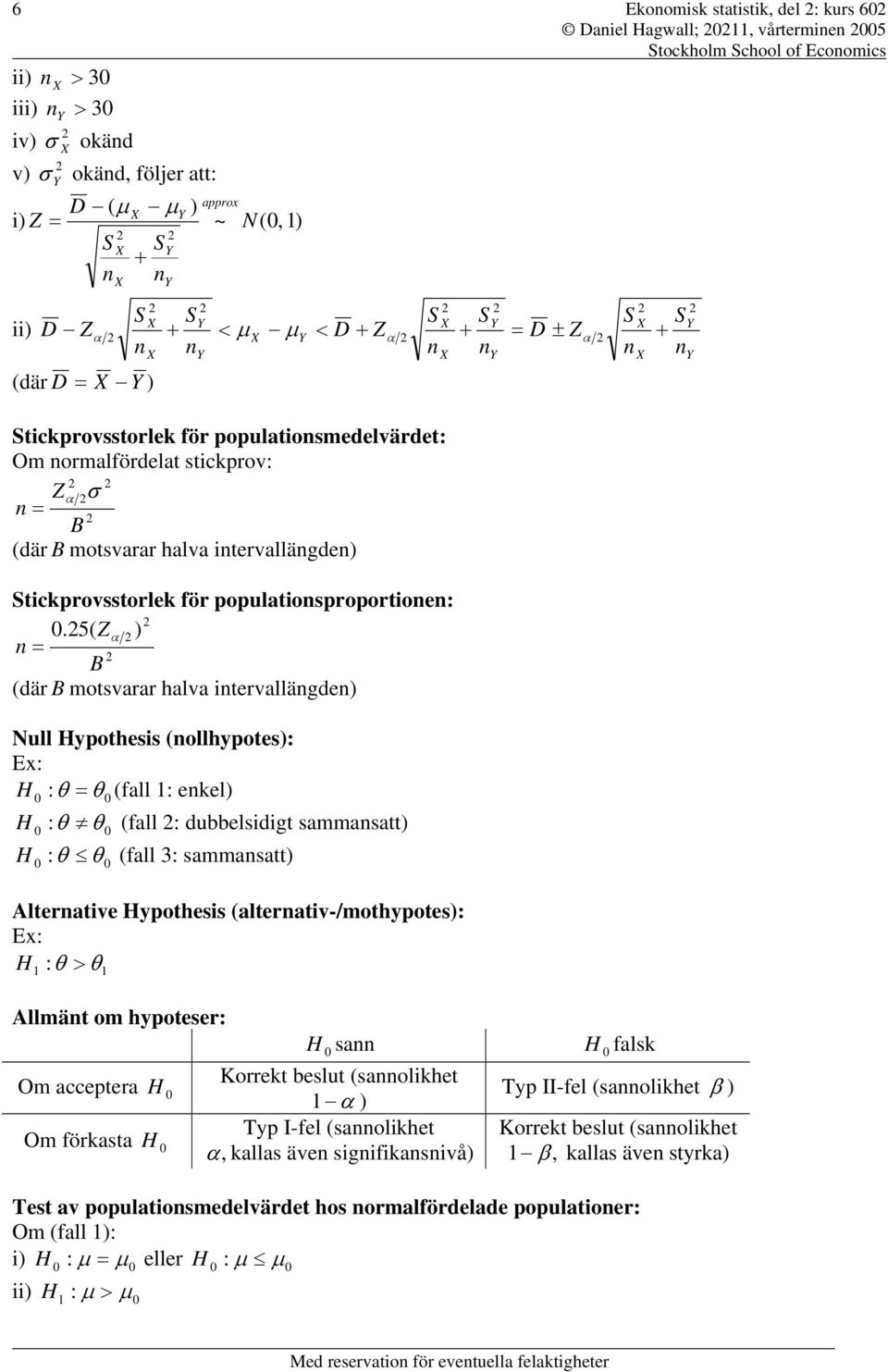 5 Z B där B mosvarar halva ervallägde Null yohess ollhyoes Ex θ θ fall ekel θ θ fall dubbelsdg sammasa θ θ fall 3 sammasa Alerave yohess alerav-/mohyoes Ex θ > θ Allmä