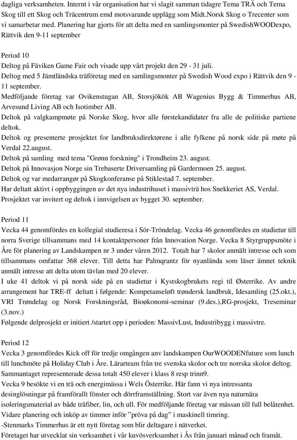 Planering har gjorts för att delta med en samlingsmonter på SwedishWOODexpo, Rättvik den 9-11 september Period 10 Deltog på Fäviken Game Fair och visade upp vårt projekt den 29-31 juli.