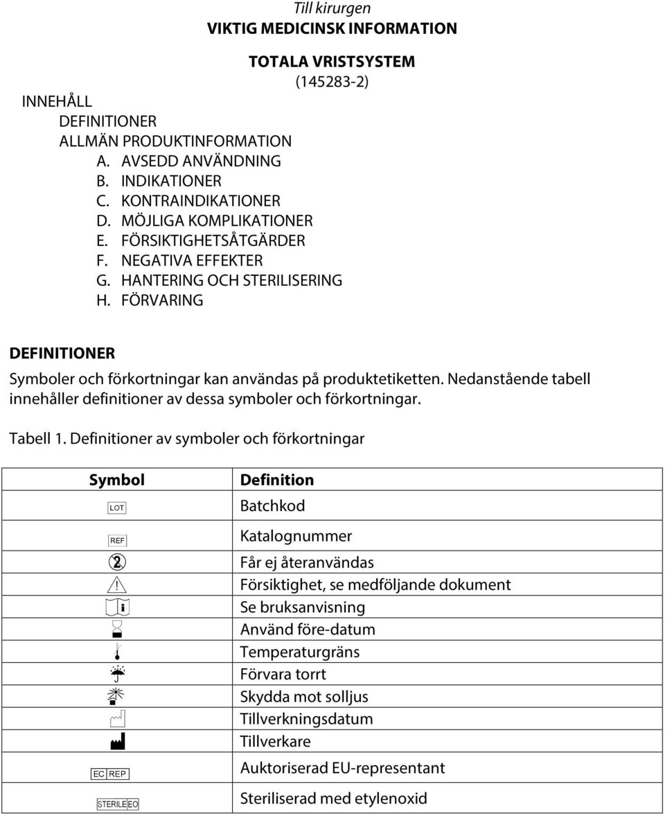 Nedanstående tabell innehåller definitioner av dessa symboler och förkortningar. Tabell 1.